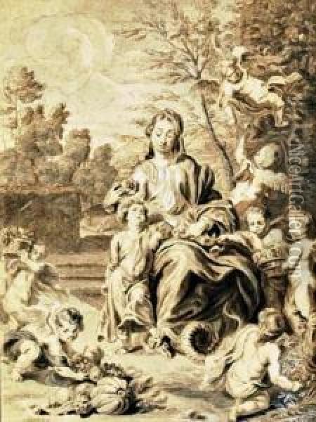 La Vierge Et L'enfant Jesus Terrassant Le Mal, Entoures De Putti Oil Painting - Balthasar Beschey