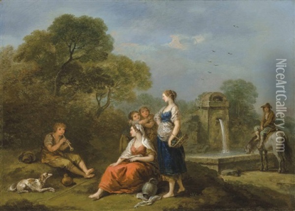 A Pastoral Landscape With Figures At Rest By A Fountain, Listening To A Boy Making Music Oil Painting - Francesco Zuccarelli