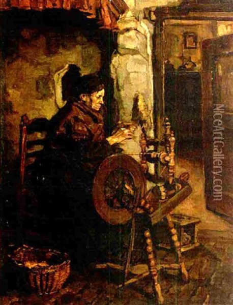 A Peasant Woman At A Spinning Weel Oil Painting - Johannes Evert Hendrik Akkeringa