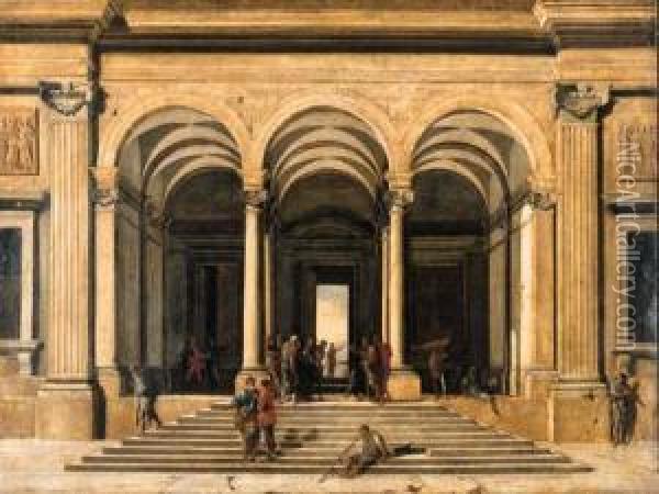 A Classical Loggia With Christ And The Woman Taken Inadultery Oil Painting - Domenico (Micco Spadaro) Gargiulo