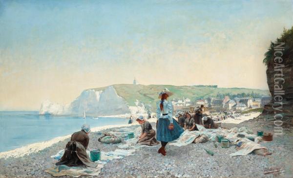 Washerwomen On The Beach, Etretat, Normandy Oil Painting - Gustave Adelsward