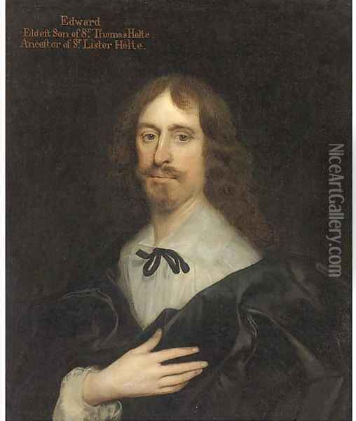 Portrait of Edward Holte Esq., half-length, wearing a black coat, white shirt and black tie, his right hand on his chest Oil Painting - Johnson, Cornelius I
