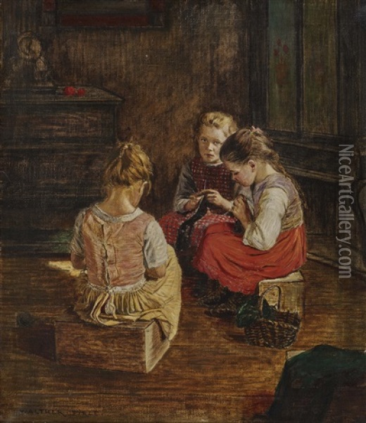 Three Knitting Girls Oil Painting - Walter Firle