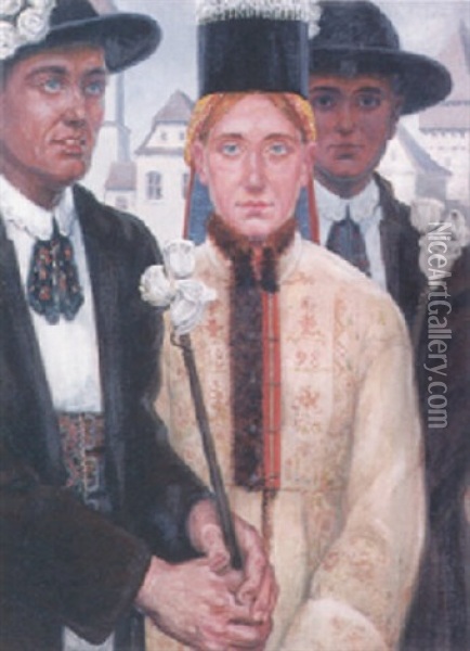 Brautpaar Der Banater Schwaben Mit Brautfuhrer In Ihrer Malerischen Tracht Oil Painting - Theo Henning
