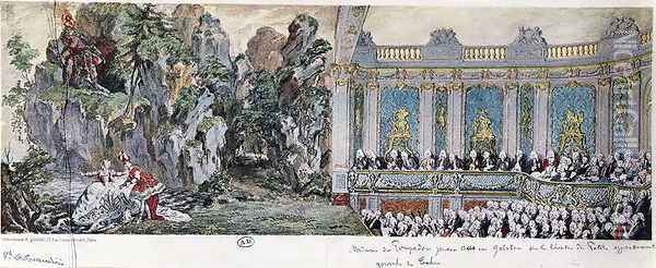 Jeanne Antoinette Poisson (1721-64), Marquise de Pompadour and the Vicomte de Rohan acting in the opera 'Acis et Galatee' in the Theatre des Petits Cabinets at Versailles, February 10th, 1749 Oil Painting - Cochin, Charles Nicolas II