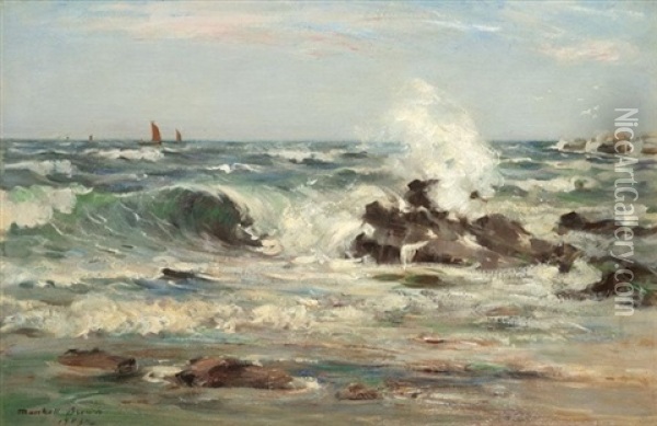 Breaking Waves Near Dunure, Ayrshire Oil Painting - William Marshall Brown