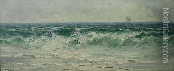 Breaking Waves With Sailing Vessel On The Horizon Oil Painting - John Falconar Slater