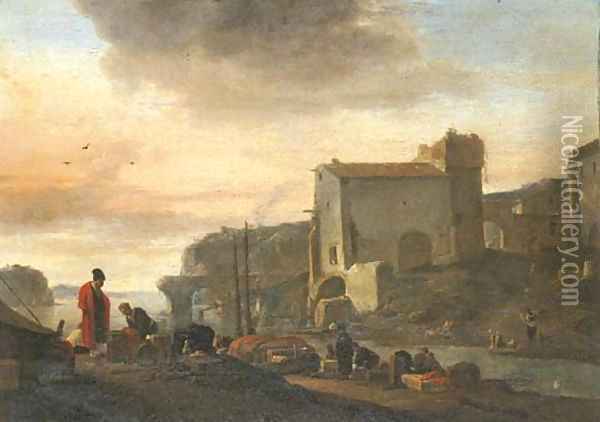 An Italianate port with stevedores unloading a ship in the foreground Oil Painting - Thomas Wyck