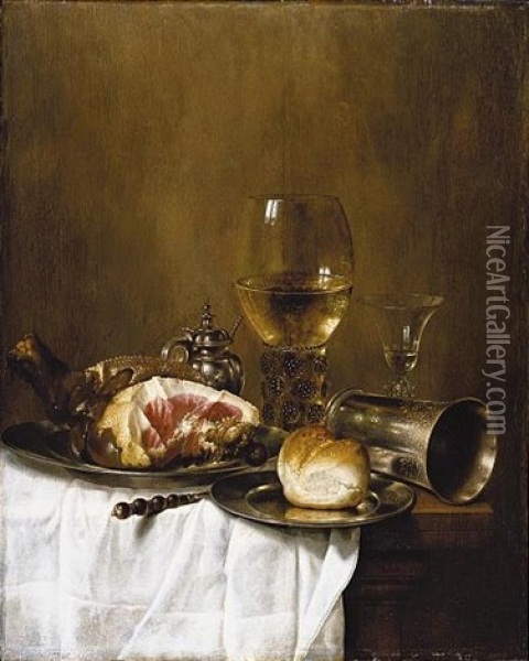 A Still Life Of A Roemer Filled With White Wine, A Wine-glass, A Silver Beaker On Its Side, A Ham And A Bread-roll On Pewter Plates, All Arranged On A Wooden Table Partly Draped With A White Cloth Oil Painting - Willem Claesz Heda
