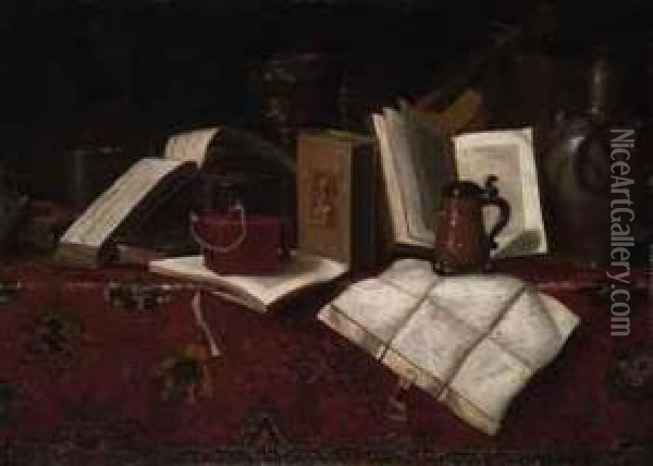 Books, A Silver Beaker, A Gilt Cup, A Candle, A Violin, And Othervessels, On A Carpet-draped Table Oil Painting - Pseudo Roestraten