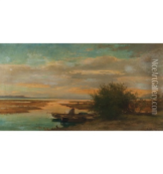 Seelandschaft Mit Boten Im Abendrot Oil Painting - Auguste Bachelin