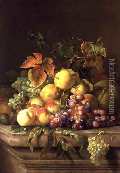 A Still Life of Melons, Grapes and Peaches on a Ledge Oil Painting - Jakab Bogdany