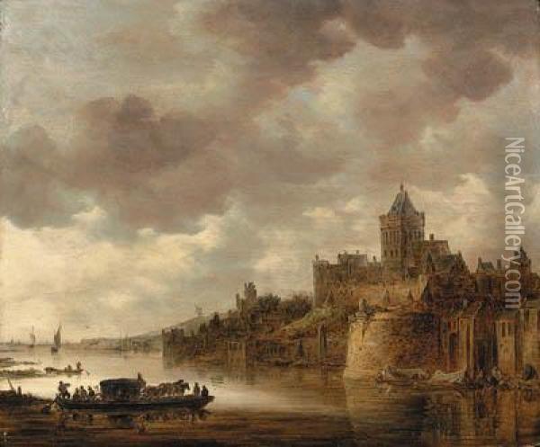 The Valkhof At Nijmegen With A Coach And Horses On A Ferry On Theriver Waal Oil Painting - Jan van Goyen