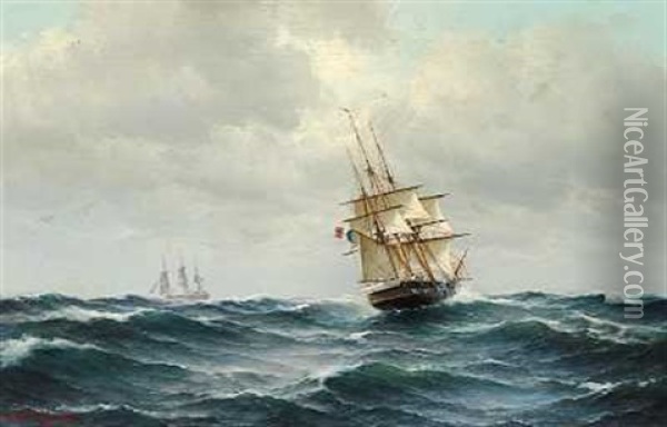 Marine Med Fransk Tremaster Oil Painting - Carl Ludwig Bille