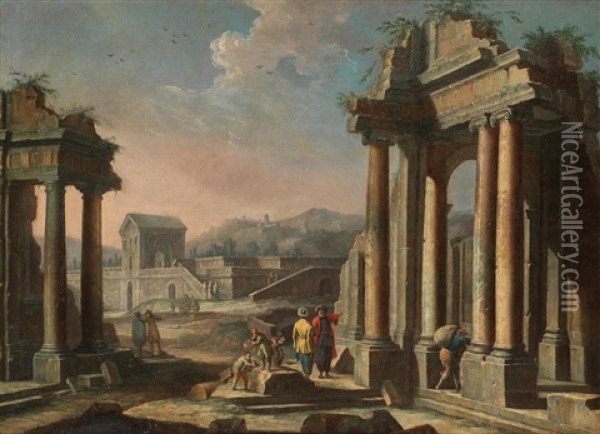 Architectural Capricci With Figures Amongst Classical Ruins Oil Painting - Giuseppe Zocchi