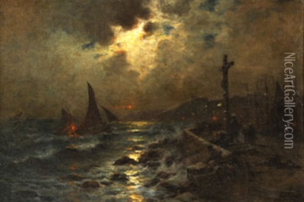 Retour Au Port Au Clair De Lune Oil Painting - Georges Philibert Charles Maroniez