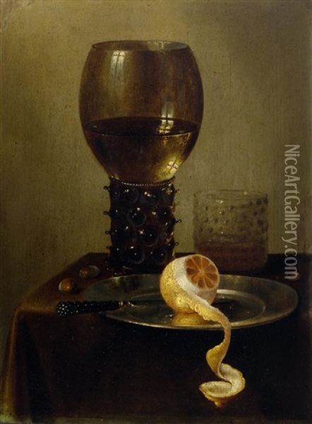 Still Life With Rummer, Pewter Plate And Peeled Lemon Oil Painting - Willem Claesz Heda