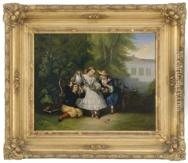 Three Young Girls In A Garden Oil Painting - George G. Fish