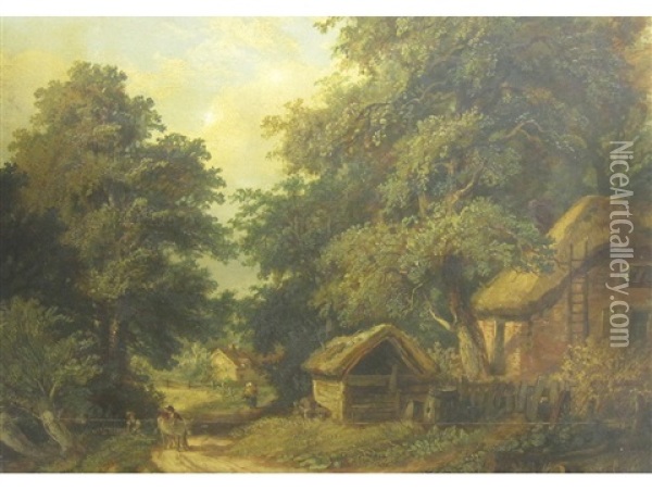 Cottage Scene At Builford Near Worcester Oil Painting - Henry Harris Lines