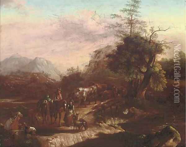 Herding cattle over a bridge, an extensive landscape beyond Oil Painting - Dutch School