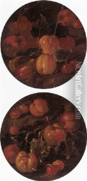 Apples, Peaches And Cherries On A Ledge Oil Painting - Michelangelo di Campidoglio