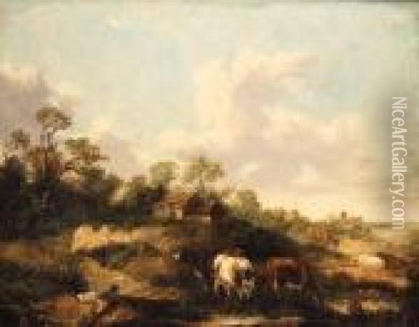 A Drover And Cattle Resting In A Wooded Landscape Oil Painting - George Morland