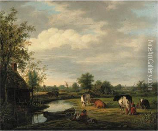 Peasants And Cattle By A Cottage In A River Landscape Oil Painting - Pieter De Goeje