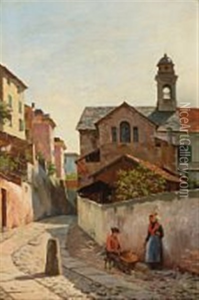 Street View From San Remo With A Basket Maker Oil Painting - August Fischer
