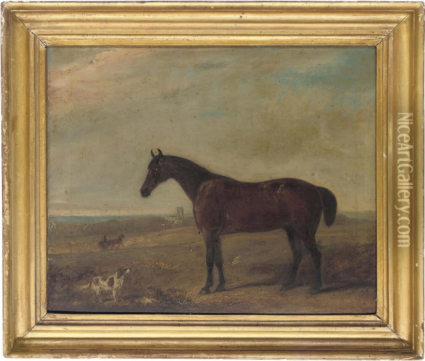 A Chestnut Hunter And Dog In A Landscape Oil Painting - Henry Frederick Lucas-Lucas
