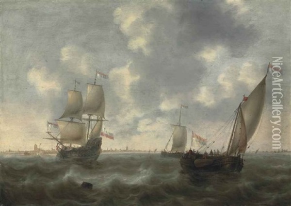 A Dutch Man-of-war And Other Shipping In Choppy Waters, Off The Coast Of Dordrecht Oil Painting - Jacob Adriaenz. Bellevois