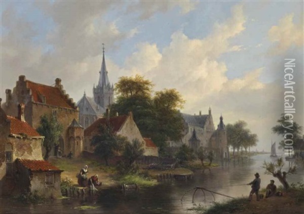 Fishermen Near The City's Riverbank Oil Painting - Bartholomeus Johannes Van Hove