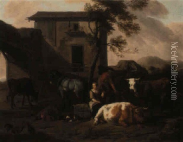 A Peasant Unloading A Cart In A Farm Courtyard Oil Painting - Dirk van Bergen