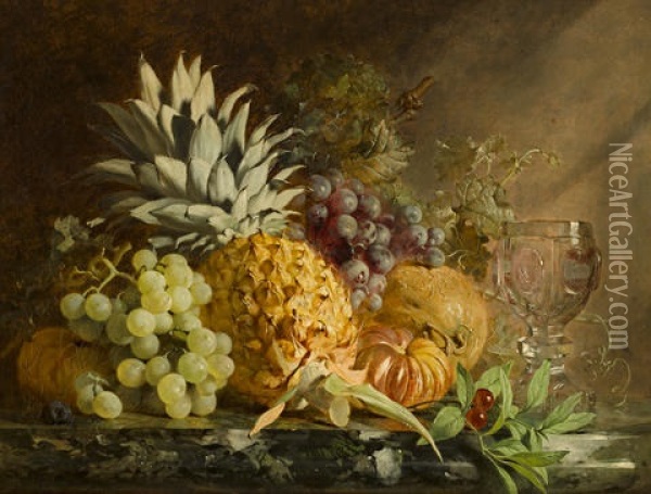 A Still Life With Pineapple, Grapes And A Crystal Goblet Oil Painting - Anne Ferray Mutrie