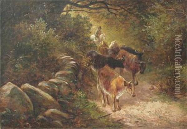 Cattle And Drover On A Country Lane Oil Painting - George Turner