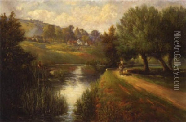 A River Landscape With A Village And A Figure On A Donkey In The Foreground Oil Painting - John Clayton Adams