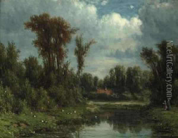 Elegant Figures Near A Pond In Summer Oil Painting - Jacob Jan van der Maaten