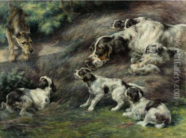 An English Setter And Her Pups Oil Painting - Edmund Henry Osthaus