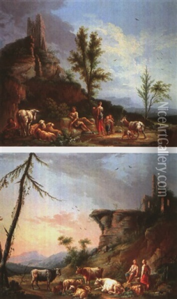 Capriccio Mit Personenstaffage Und Vieh (+ Another, Similar; Pair) Oil Painting - Jean Baptiste Charles Claudot