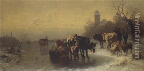 Rinder Und Schafe Auf Dem Eis Oil Painting - Christian Friedrich Mali