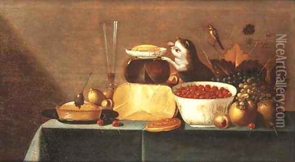 Cheeses, grapes, a bowl of strawberries Oil Painting - Floris Gerritsz. van Schooten