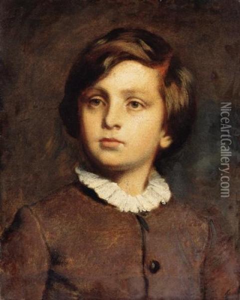 Young Boy In White Collar Dress Oil Painting - Bertalan Szekely Von Adamos