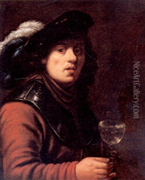 Portrait Of A Soldier, Holding A Glass Of Wine Oil Painting -  Rembrandt van Rijn