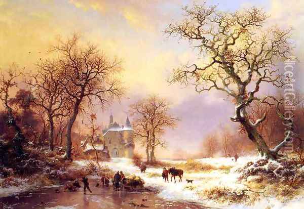 Skaters in a Winter Landscape Oil Painting - Frederik Marianus Kruseman