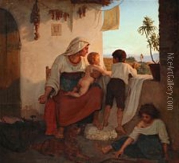 An Italian Woman And Her Children Awaiting The Homecoming Of Husband And Father Oil Painting - Lorenz Frolich