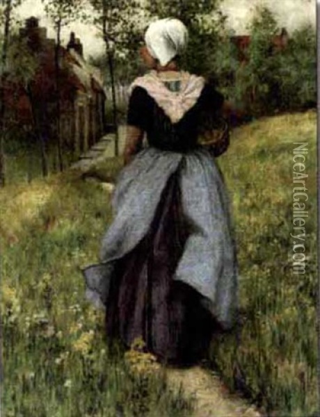 Brittany Girl On A Flowered Pathway Oil Painting - George Hitchcock
