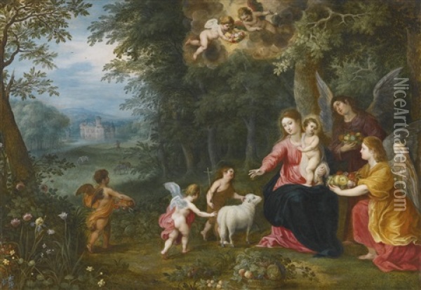 The Virgin And Child With The Infant Saint John, Surrounded By Animals Oil Painting - Hendrik van Balen the Elder