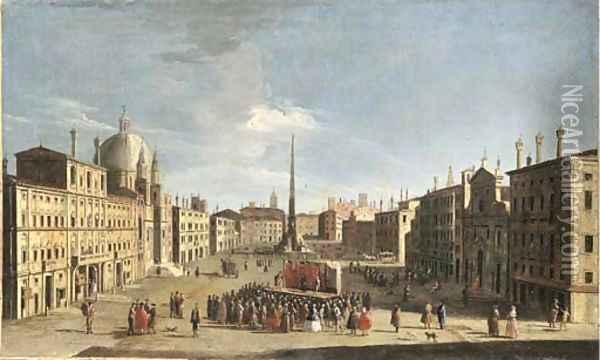 The Piazza Navona, Rome, from the South, with a crowd watching a performance of the commedia dell'arte Oil Painting - Jacopo Fabris