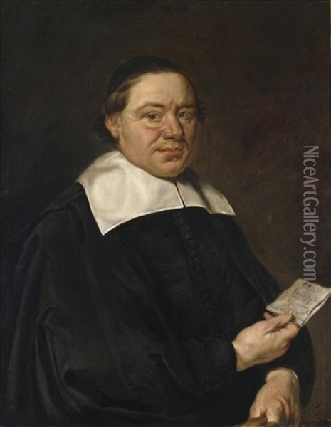 A Portrait Of Phillip Jansz. Dou (1609-1668) At The Age Of 54, Standing Half-length, Wearing A Black Coat With A White Collar And Black Cap, Holding A Letter In His Right Hand Oil Painting - Jan De Bray