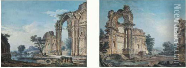 Paire De Paysages De Ruines Oil Painting - Antoine Gonzales