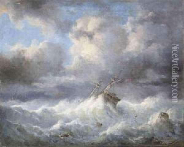 British Marine Vessel In Heavy Weather Oil Painting - Raden Sjarief B. Saleh